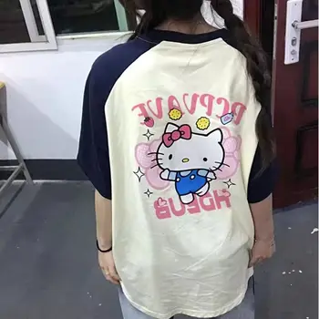 Футболка с принтом Hello Kitty Melody, Кавайная футболка Sanrio, Женская Повседневная одежда с рисунком Аниме, Футболка Y2k, Японская Уличная Одежда для девочек, Топ