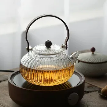 Чайник С деревянной ручкой, Набор чайных принадлежностей, Фильтр для чашки, Китайская Чайная церемония, Прозрачный горшок из тыквы с высоким содержанием бора и кремния, 900 мл