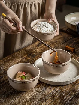 Чаши для риса, керамика в стиле ретро, Японский контейнер для отвара, простая в полоску Экологичная посуда для украшения дома
