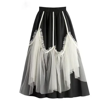 Черная сетчатая Длинная юбка трапециевидной формы с высокой талией, женская модная юбка в готическом стиле из тюля в стиле Лолиты, женская осенняя юбка для вечеринок