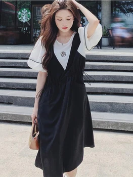 Черно-белое повседневное платье для беременных в корейском стиле в стиле пэчворк, карманы, большие размеры, пышные рукава, завязки на талии, платье для беременных
