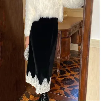 Элегантная винтажная бархатная кружевная длинная юбка в стиле пэчворк, женская черная эстетичная юбка, офисная юбка для вечеринок с разрезом на осень-зиму, высокая юбка с разрезом для вечеринки