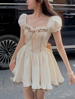 Элегантное винтажное платье с пузырчатым рукавом, женское модное мини-платье в корейском стиле на шнуровке, женское милое платье принцессы с оборками, новинка лета 2023