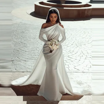 Элегантные атласные свадебные платья для женщин, верхняя юбка с длинными рукавами, свадебное платье Русалки, платья С оборками, расшитыми бисером на одном плече, арабский