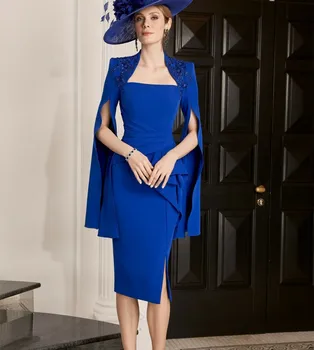 Элегантные Короткие Платья Королевского синего цвета с квадратным воротником, расшитые бисером, для Матери Невесты, Кружевное платье Крестной для женщин