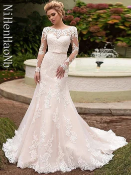 Элегантные кружевные платья невесты с длинными рукавами, с круглым вырезом, на шнуровке сзади, свадебное платье Русалки из тюля, Vestidos De Novia