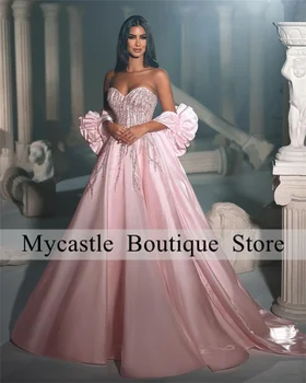 Элегантные Розовые Атласные вечерние платья трапециевидной формы 2023, расшитое бисером платье для выпускного вечера с пышными рукавами в виде сердца, Vestidos De Noche