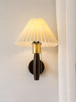 Японский скандинавский черный ореховый плиссированный настенный светильник, спальня, кабинет, креативный ретро прикроватный настенный светильник