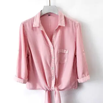 Яркая джинсовая рубашка с узлом в тонком стиле, пальто, женская летняя куртка 2023, Короткая модная повседневная накидка-шаль, укороченные топы Z2029
