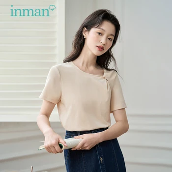 Женская футболка INMAN, лето 2023, короткие рукава, круглый вырез, свободные футболки, дизайнерский галстук-бабочка, Элегантные повседневные топы абрикосового цвета