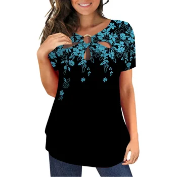 Летняя женская футболка S-3XL, открытая футболка для женской одежды с цветочным рисунком, новинка 2023 года, свободный топ с коротким рукавом и круглым вырезом.